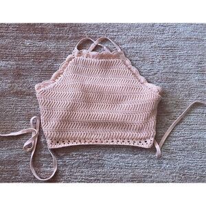 Hollister Womens Crochet Knit Crop Top Pink Cotton Lining Size L Wrap Waist